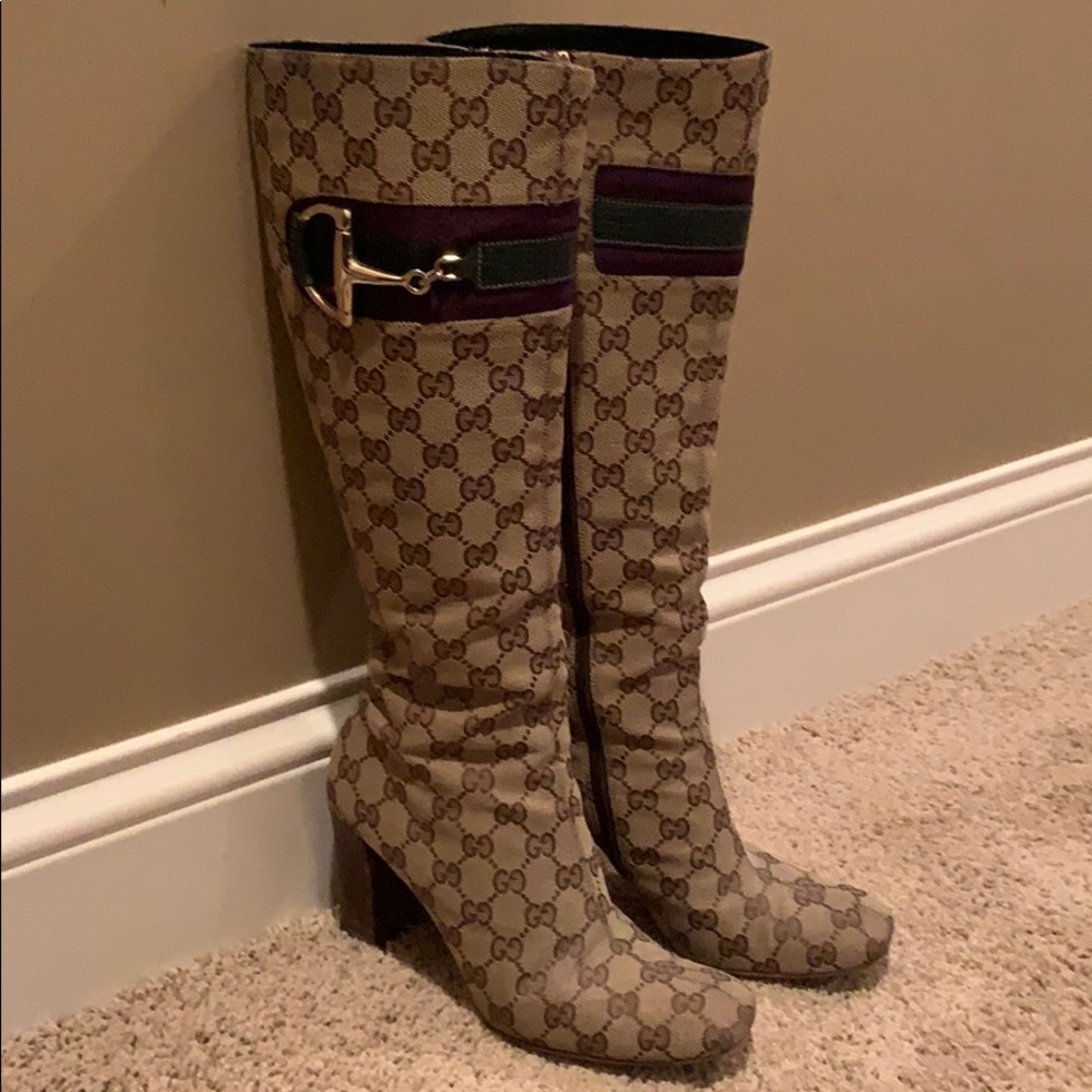Gucci canvas knee high boots